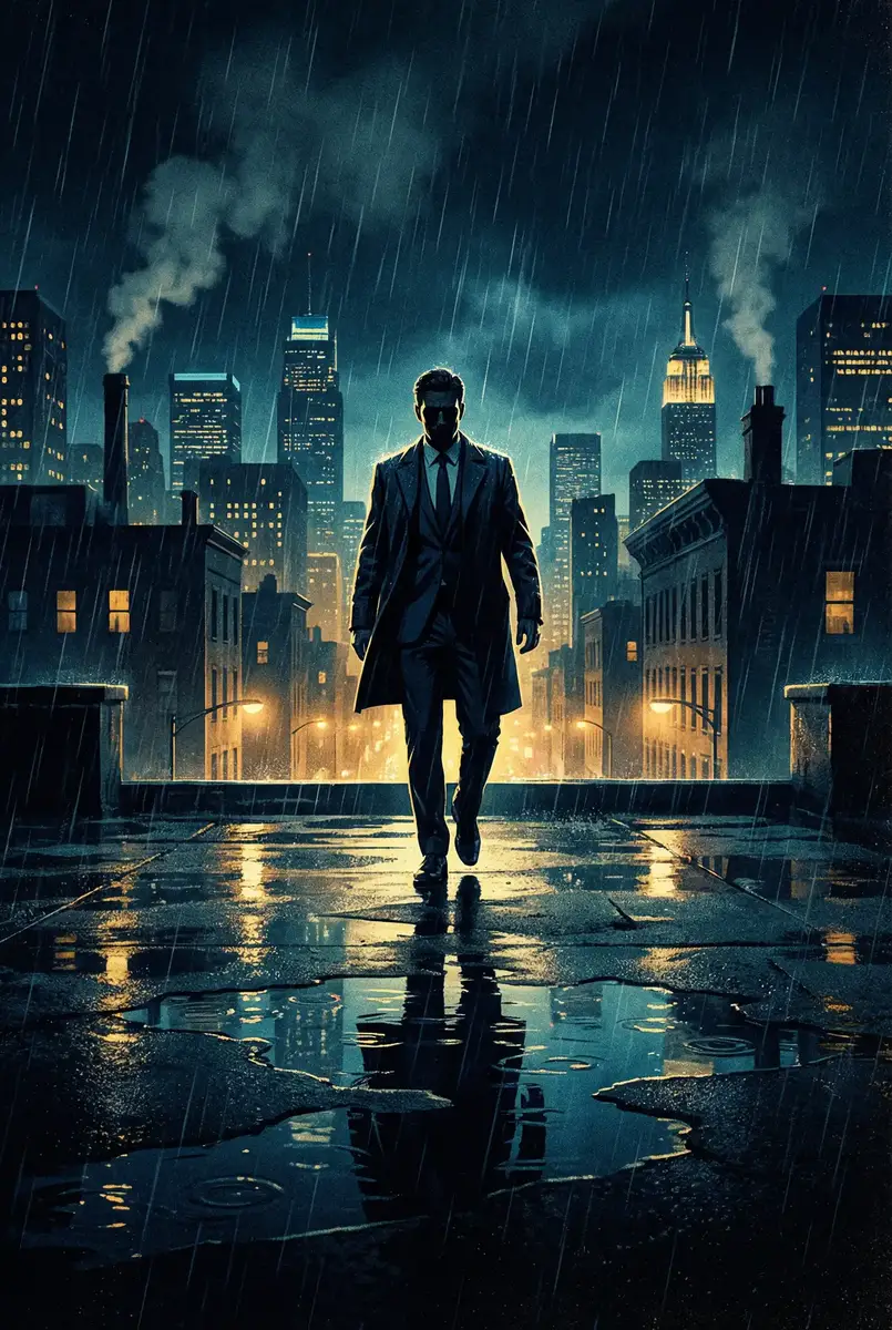 wow70级副本 出品影片《雨夜独行者》海报，雨中城市屋顶男性剪影